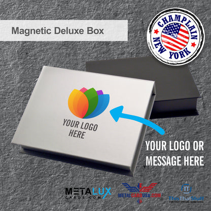 Deluxe Magnetic Boxes Card Holder – Holds our high end Metal Cards, can also hold any Credit Card or Gift Card size – Custom Printed Box
