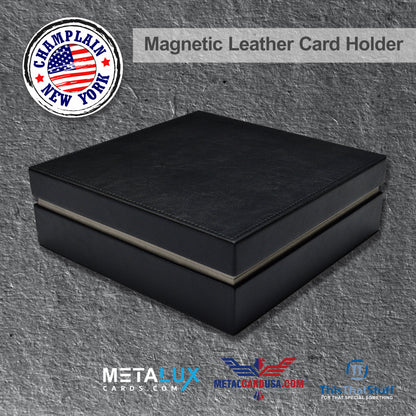 PREMIUM Deluxe Leather Box Card Holder - Magnetic Cover - Luxurious Velvet Interior with Sleeve - Holds Credit Card and Gift Size Cards