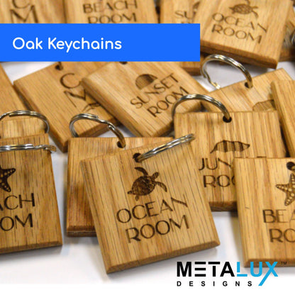 Custom Engraved Oak Wood Keychains 1.75"x1.75" | Minimum order of 24 Units
