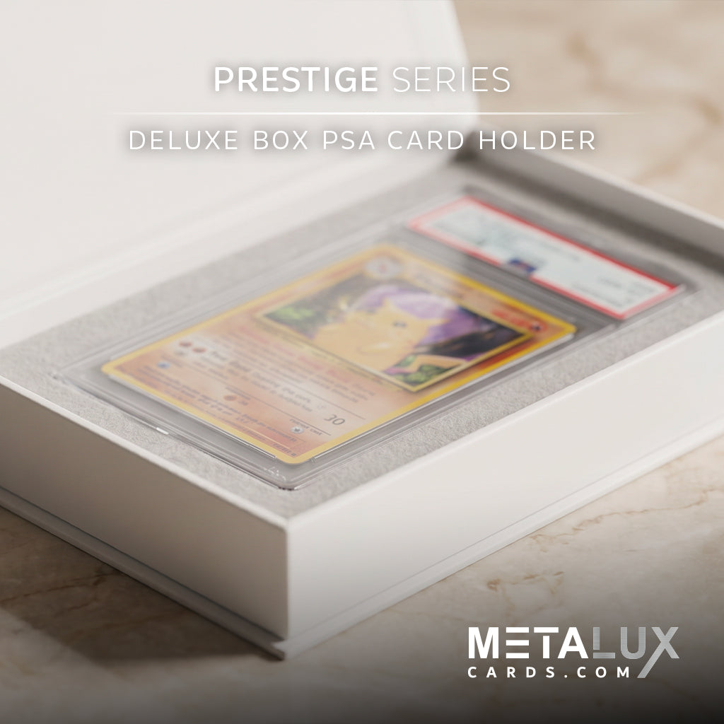 Deluxe box PSA card holder with cards inside, featuring Metaluxcards.com branding.
