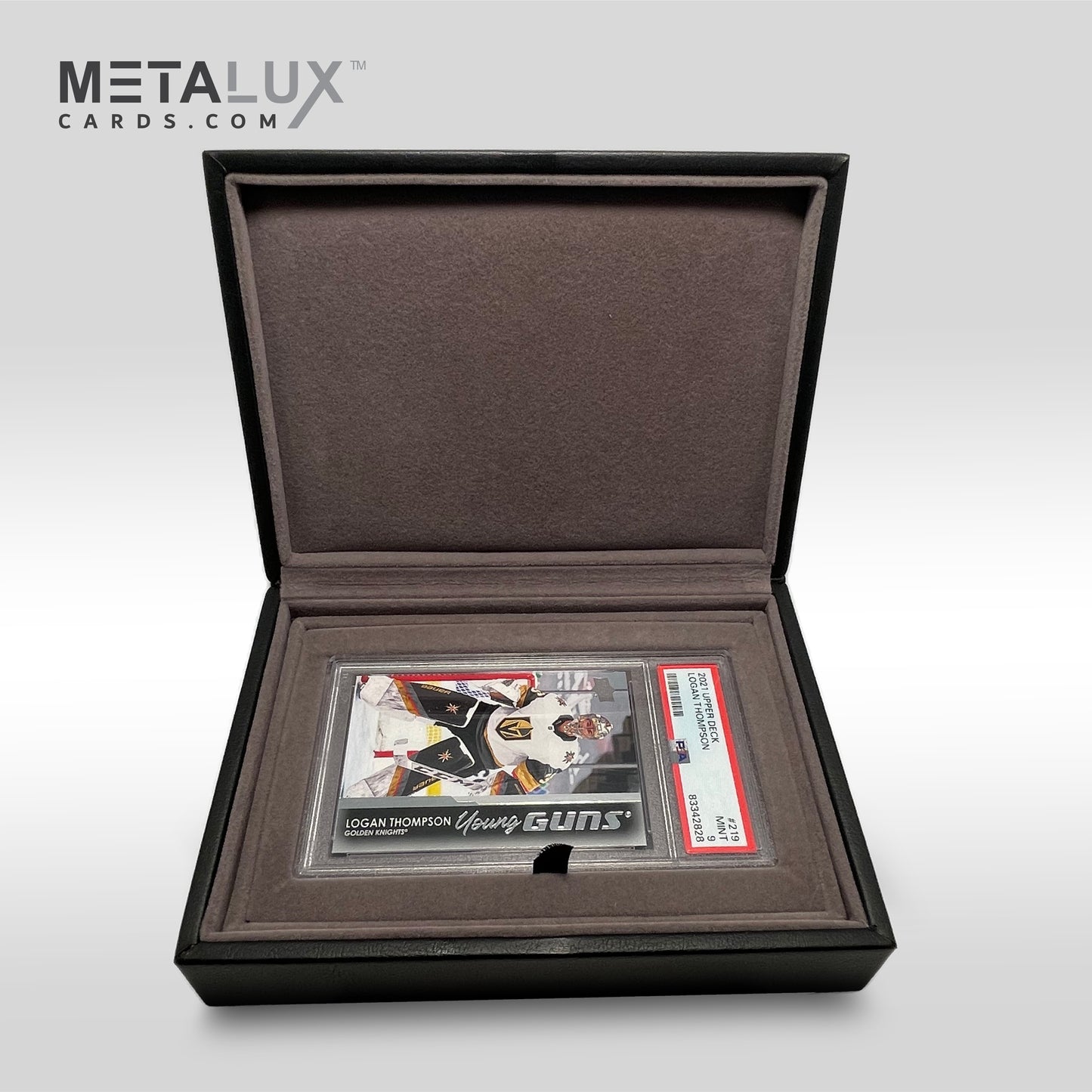 PSA Deluxe Box Sports trading card in a display case with 'Metalux Cards.com' branding.