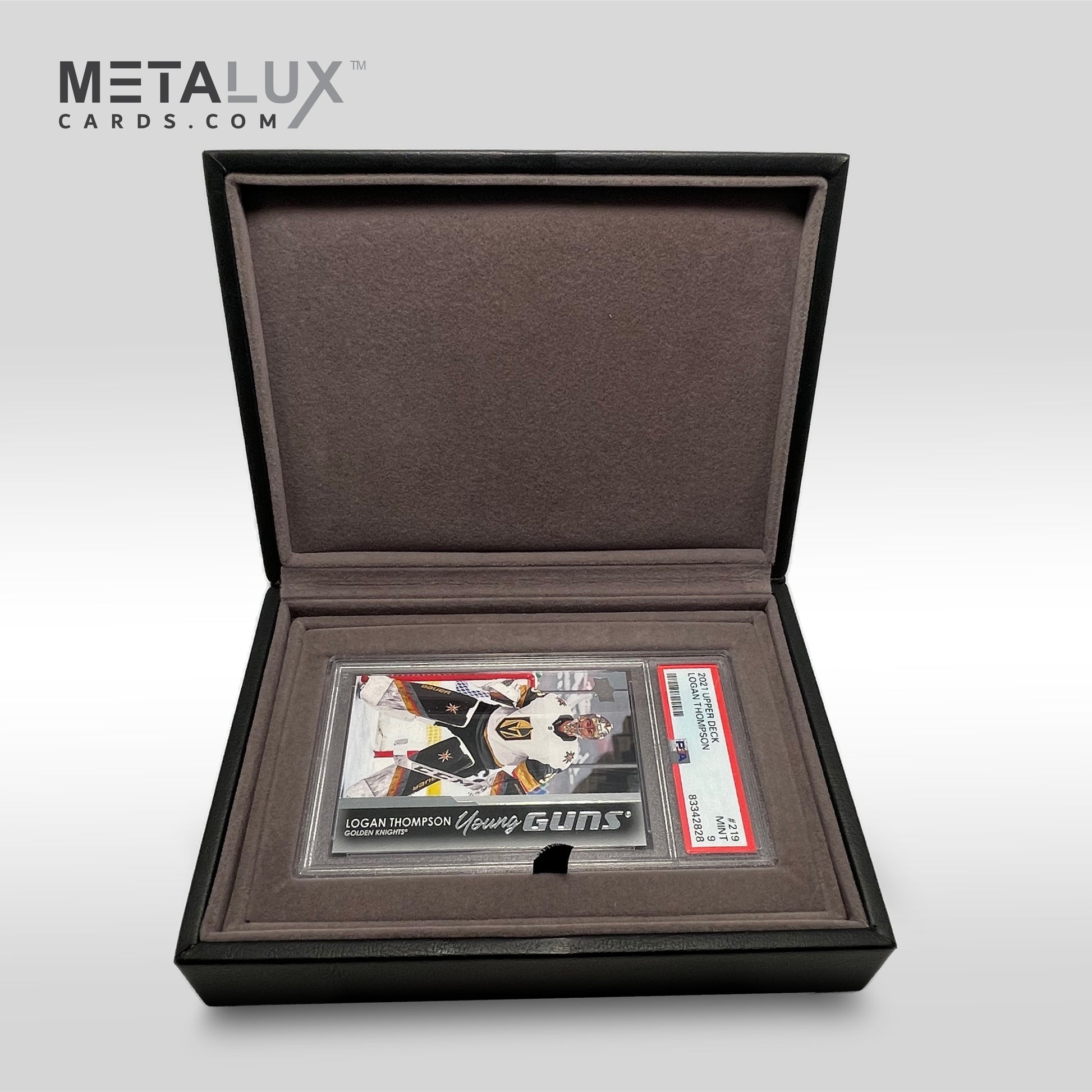 PSA Deluxe Box Sports trading card in a display case with 'Metalux Cards.com' branding.